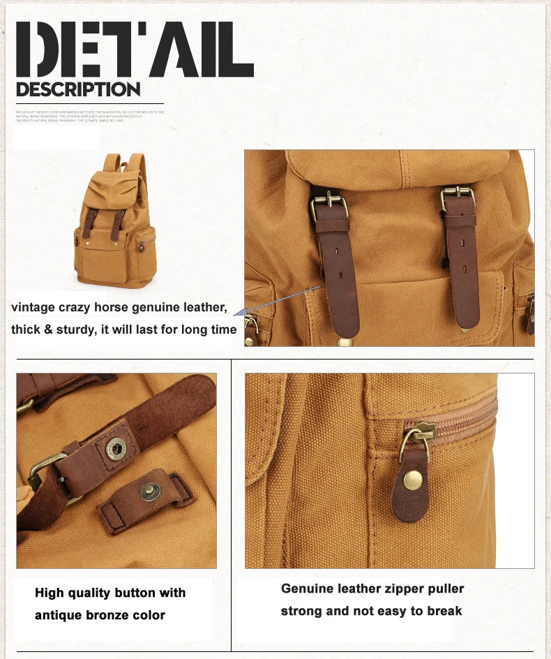 Fashion Vintage Leather Canvas Backpack Men School Bag drawstring backpack male Rucksack Teenager