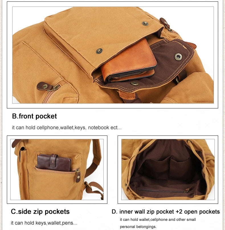 Fashion Vintage Leather Canvas Backpack Men School Bag drawstring backpack male Rucksack Teenager
