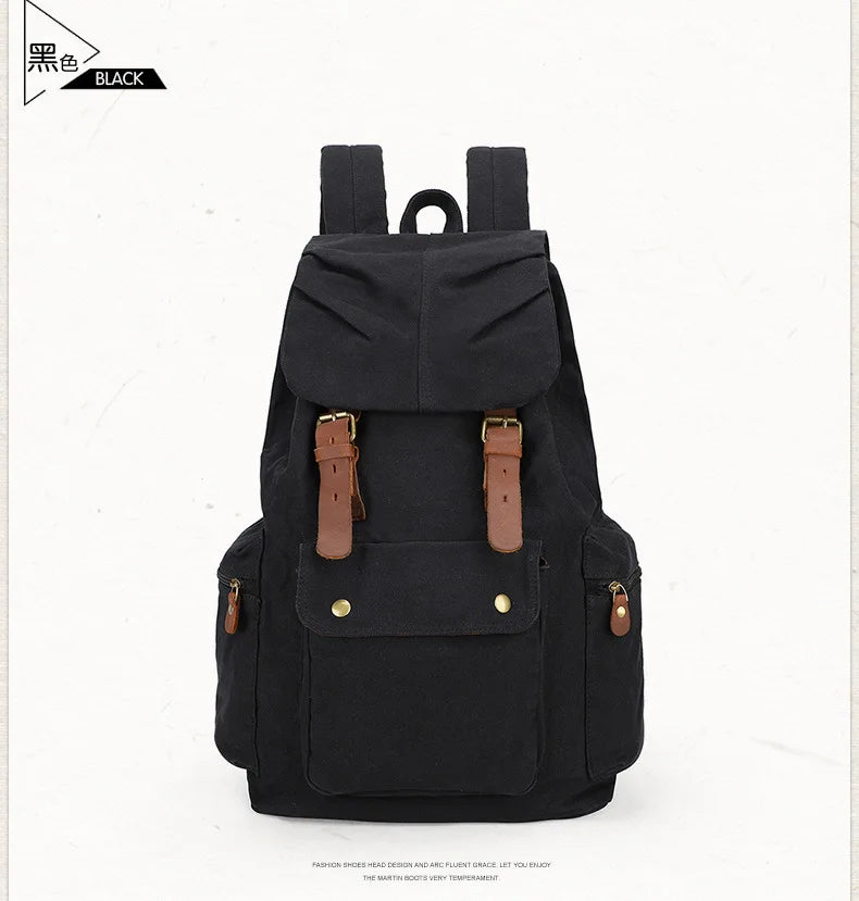 Fashion Vintage Leather Canvas Backpack Men School Bag drawstring backpack male Rucksack Teenager
