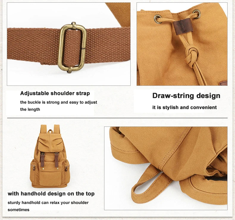 Fashion Vintage Leather Canvas Backpack Men School Bag drawstring backpack male Rucksack Teenager