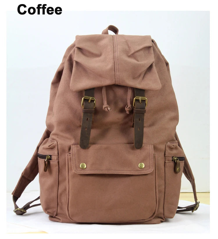 Fashion Vintage Leather Canvas Backpack Men School Bag drawstring backpack male Rucksack Teenager