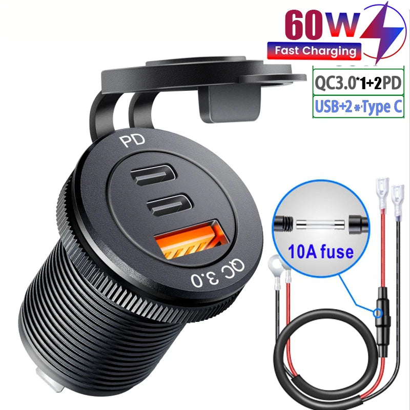 Usb socket in the car Quick Charge PD 3.0 Car Charger 60W Outlet Socket For 12V 24V Motorcycle Boat Marine Truck ATV