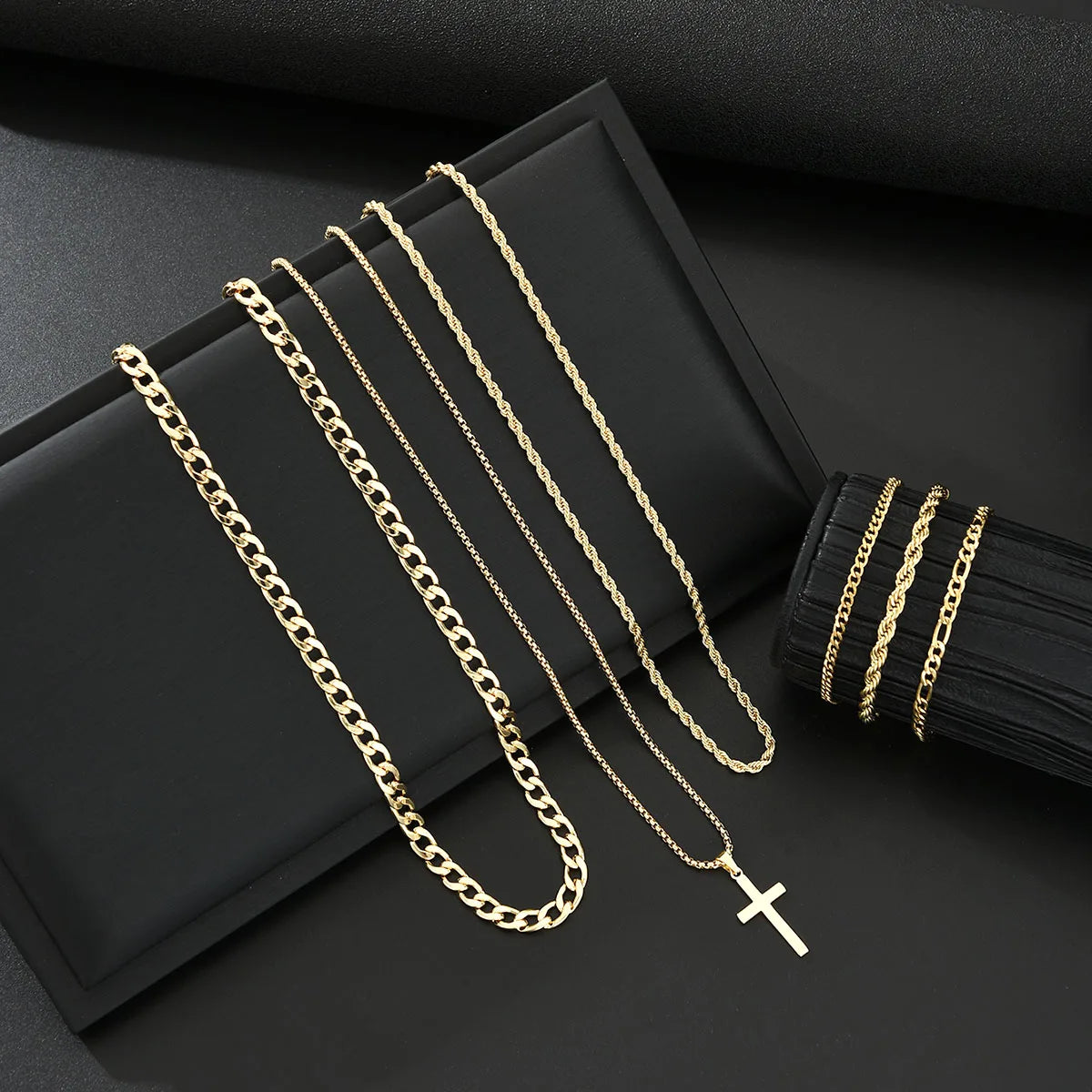 6Pcs Stainless Steel Cross Pendant Jewelry Set For Men Punk Simple Gold Color Necklace Bracelet Sets Fashion Party Hip Hop Gifts