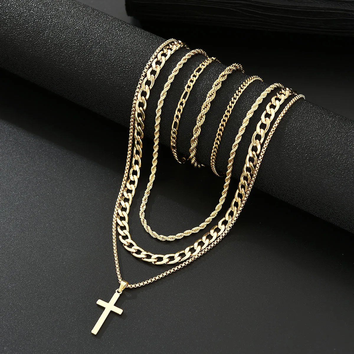 6Pcs Stainless Steel Cross Pendant Jewelry Set For Men Punk Simple Gold Color Necklace Bracelet Sets Fashion Party Hip Hop Gifts