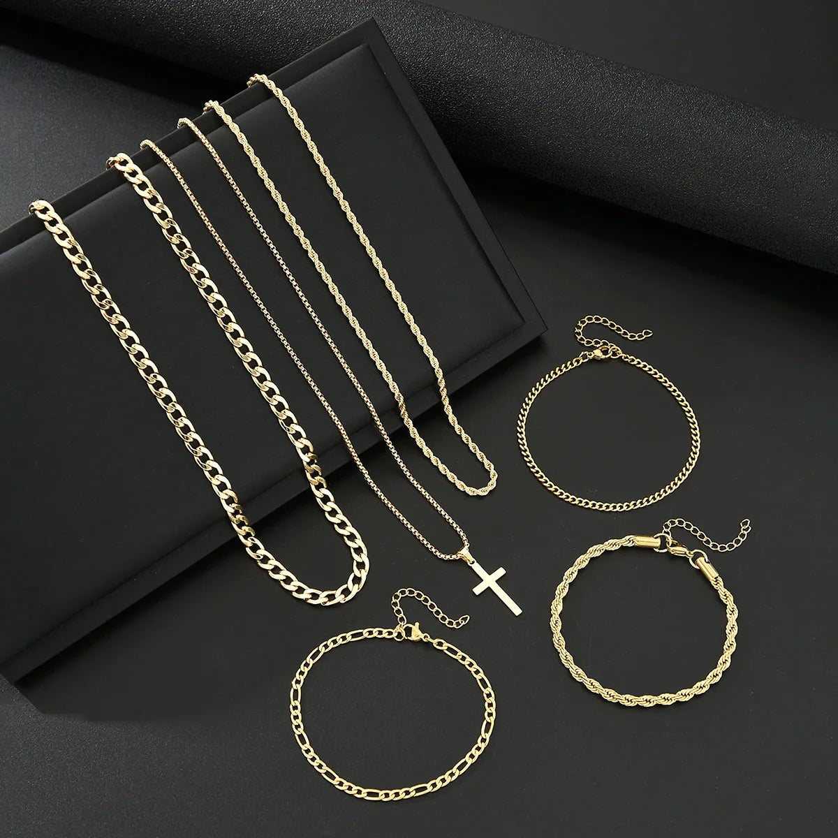 6Pcs Stainless Steel Cross Pendant Jewelry Set For Men Punk Simple Gold Color Necklace Bracelet Sets Fashion Party Hip Hop Gifts