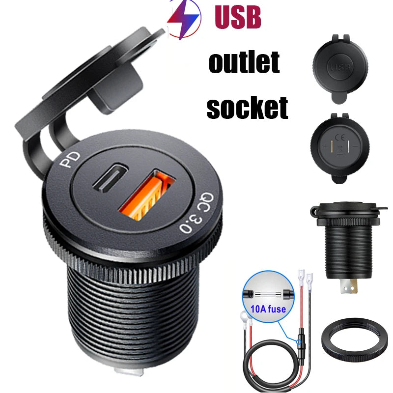 Usb socket in the car Quick Charge PD 3.0 Car Charger 60W Outlet Socket For 12V 24V Motorcycle Boat Marine Truck ATV