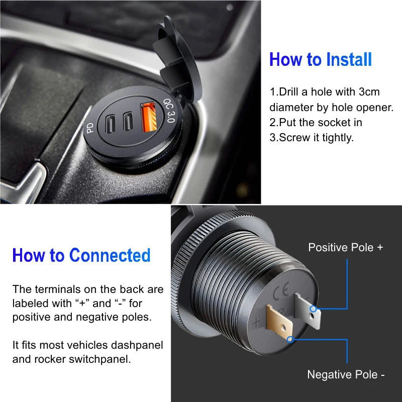 Usb socket in the car Quick Charge PD 3.0 Car Charger 60W Outlet Socket For 12V 24V Motorcycle Boat Marine Truck ATV
