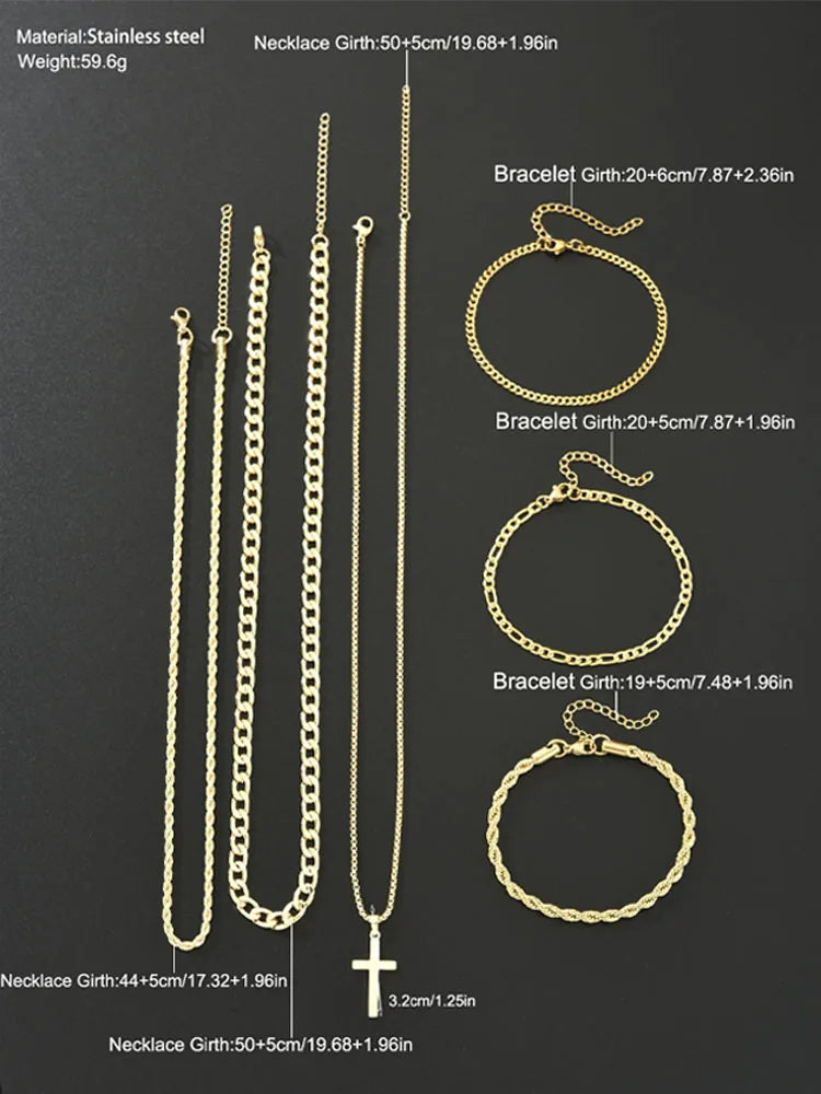 6Pcs Stainless Steel Cross Pendant Jewelry Set For Men Punk Simple Gold Color Necklace Bracelet Sets Fashion Party Hip Hop Gifts