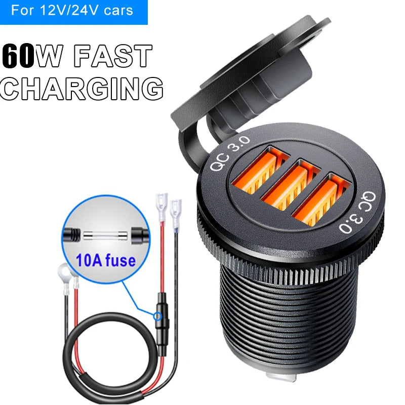 Usb socket in the car Quick Charge PD 3.0 Car Charger 60W Outlet Socket For 12V 24V Motorcycle Boat Marine Truck ATV
