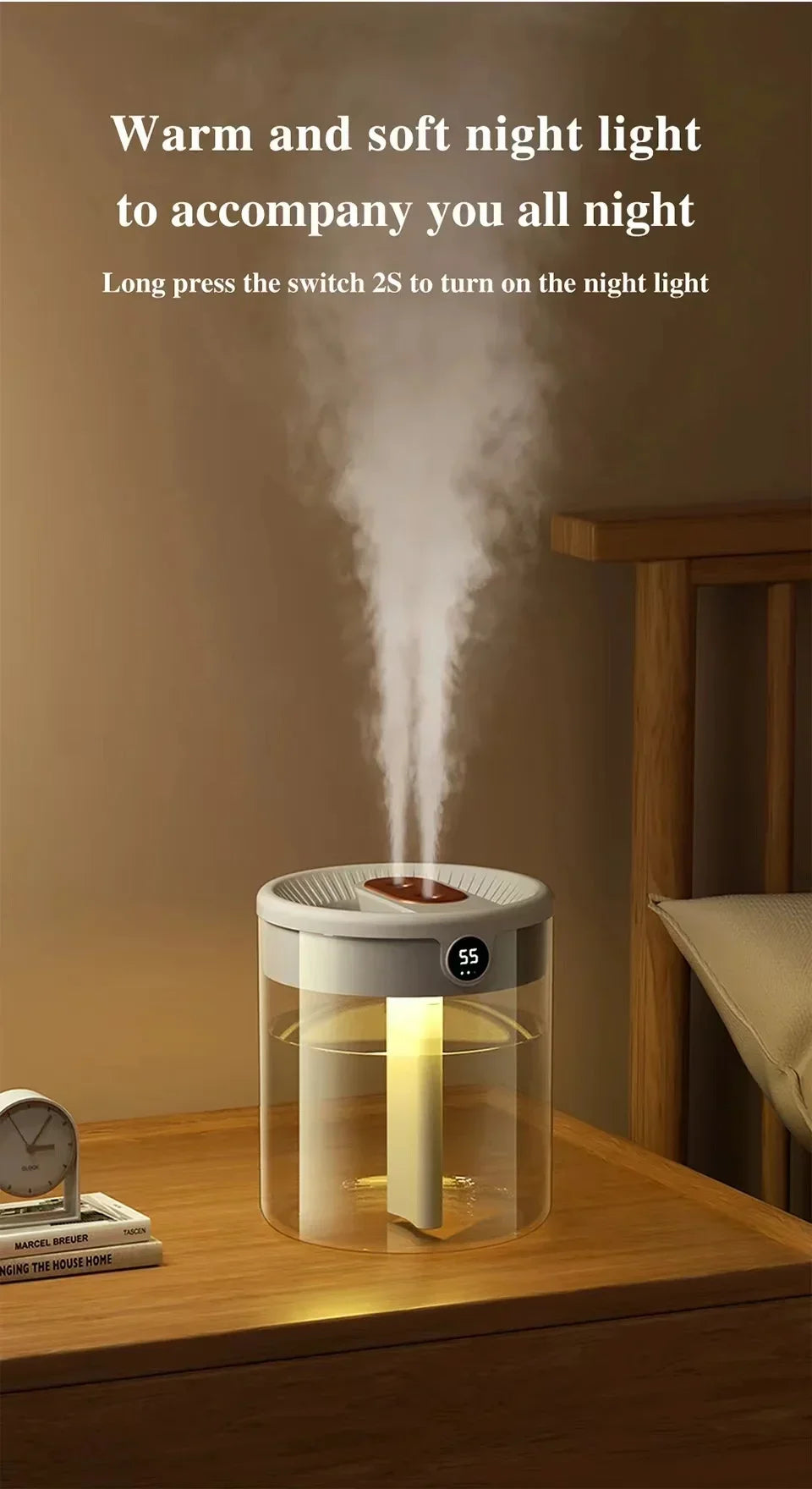 Dual Spray Humidifier USB Large Capacity Home 2L Quiet Bedroom LED Digital Display Night Light Office Desktop Mini Diffuser