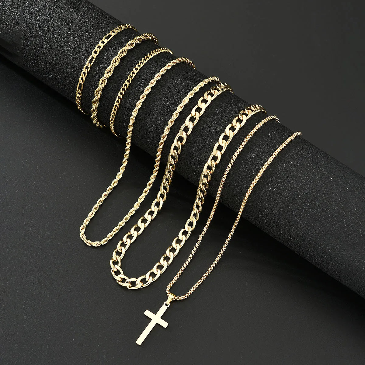 6Pcs Stainless Steel Cross Pendant Jewelry Set For Men Punk Simple Gold Color Necklace Bracelet Sets Fashion Party Hip Hop Gifts