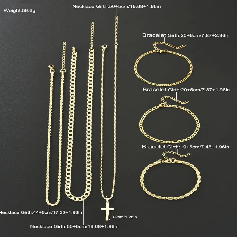 6Pcs Stainless Steel Cross Pendant Jewelry Set For Men Punk Simple Gold Color Necklace Bracelet Sets Fashion Party Hip Hop Gifts