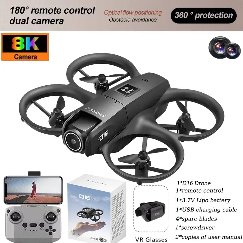 2025 NEW D16 Mini Drone with 180° Electric Adjustable 8K HD Camera WiFi Light Flow Drone Pocket Obstacle Avoidance Rc Quadcopter