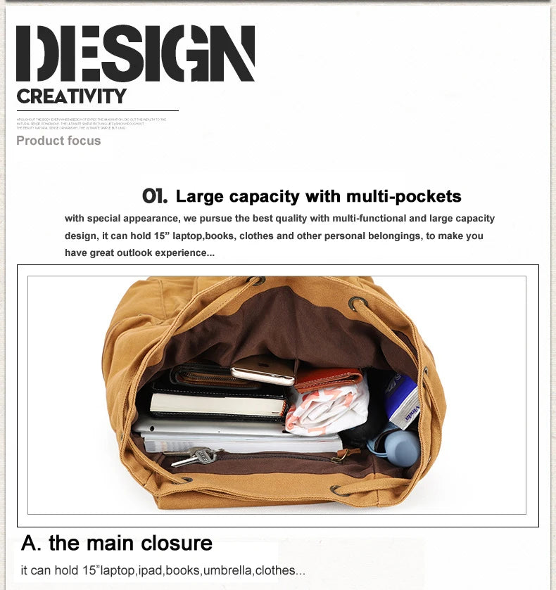 Fashion Vintage Leather Canvas Backpack Men School Bag drawstring backpack male Rucksack Teenager