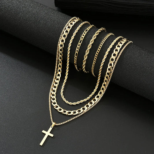 6Pcs Stainless Steel Cross Pendant Jewelry Set For Men Punk Simple Gold Color Necklace Bracelet Sets Fashion Party Hip Hop Gifts