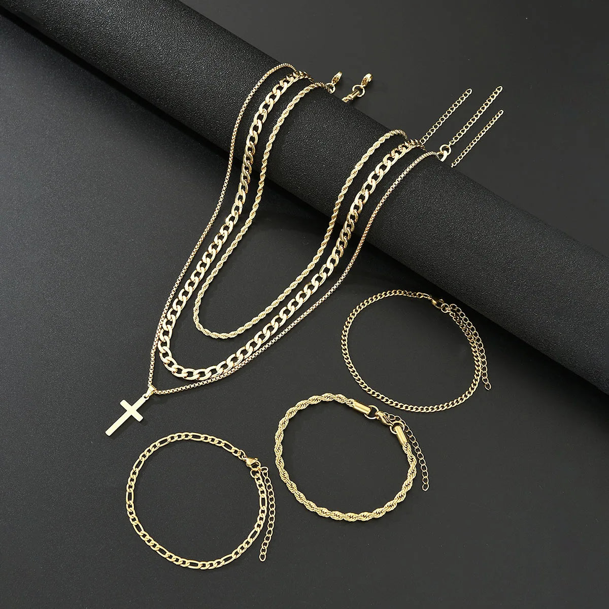 6Pcs Stainless Steel Cross Pendant Jewelry Set For Men Punk Simple Gold Color Necklace Bracelet Sets Fashion Party Hip Hop Gifts